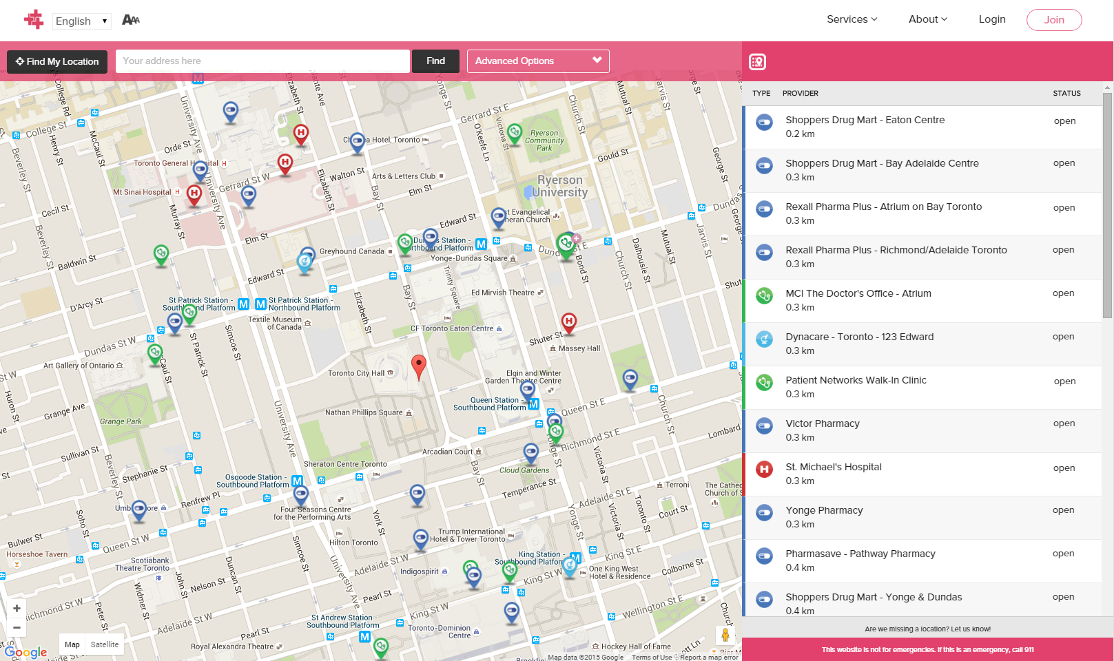 Map of walk-in clinics in Toronto